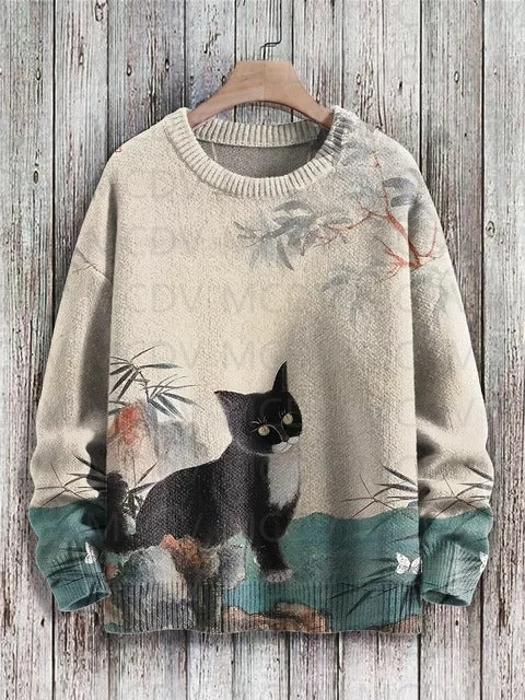 Vintage Japanese-style Painting: Cat Art Casual Printed Chunky-knit Crewneck Hoodie For Men And Women