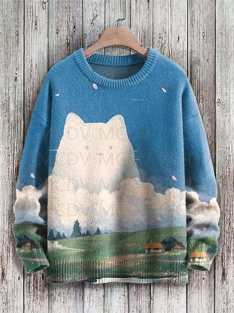 Vintage Japanese-style Painting: Cat Art Casual Printed Chunky-knit Crewneck Hoodie For Men And Women