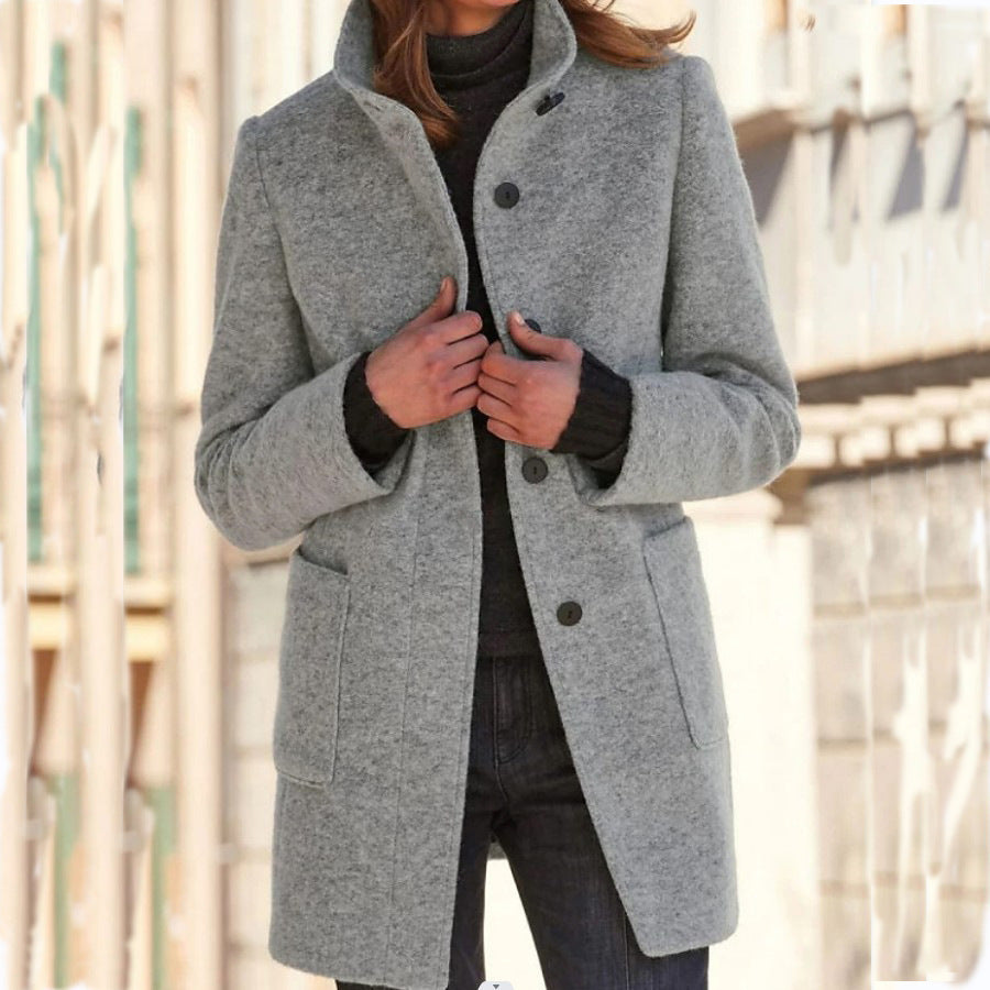 New Retro Solid Color Buttoned Turtleneck Wool Coat