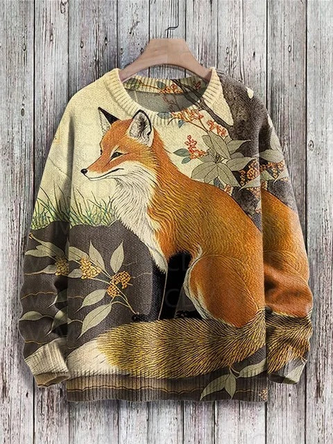 Vintage Japanese-style Painting: Cat Art Casual Printed Chunky-knit Crewneck Hoodie For Men And Women