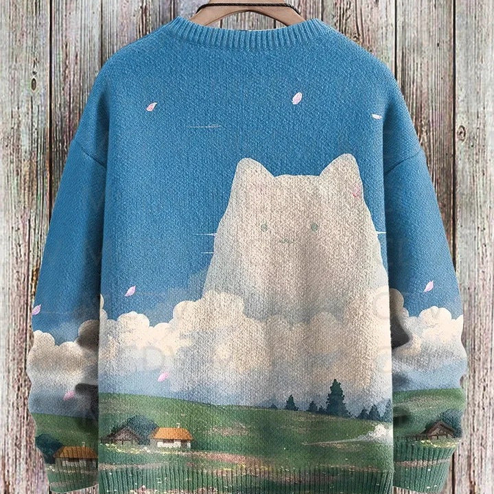 Vintage Japanese-style Painting: Cat Art Casual Printed Chunky-knit Crewneck Hoodie For Men And Women