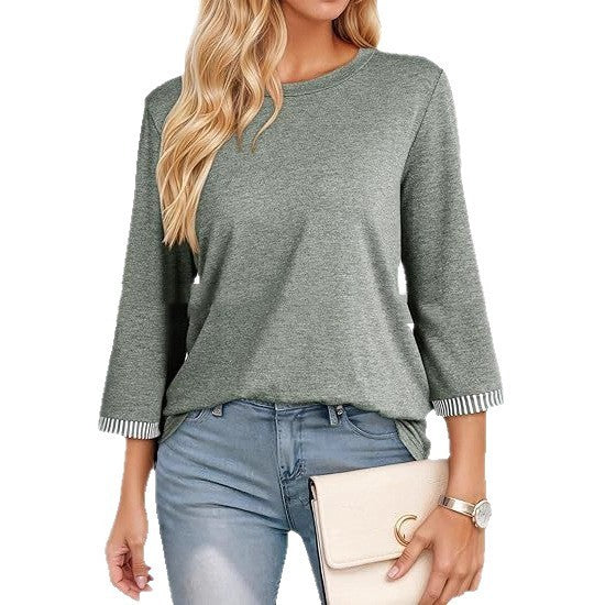 Fashionable Three-Quarter Sleeve Contrast-Piece Panel T-Shirt