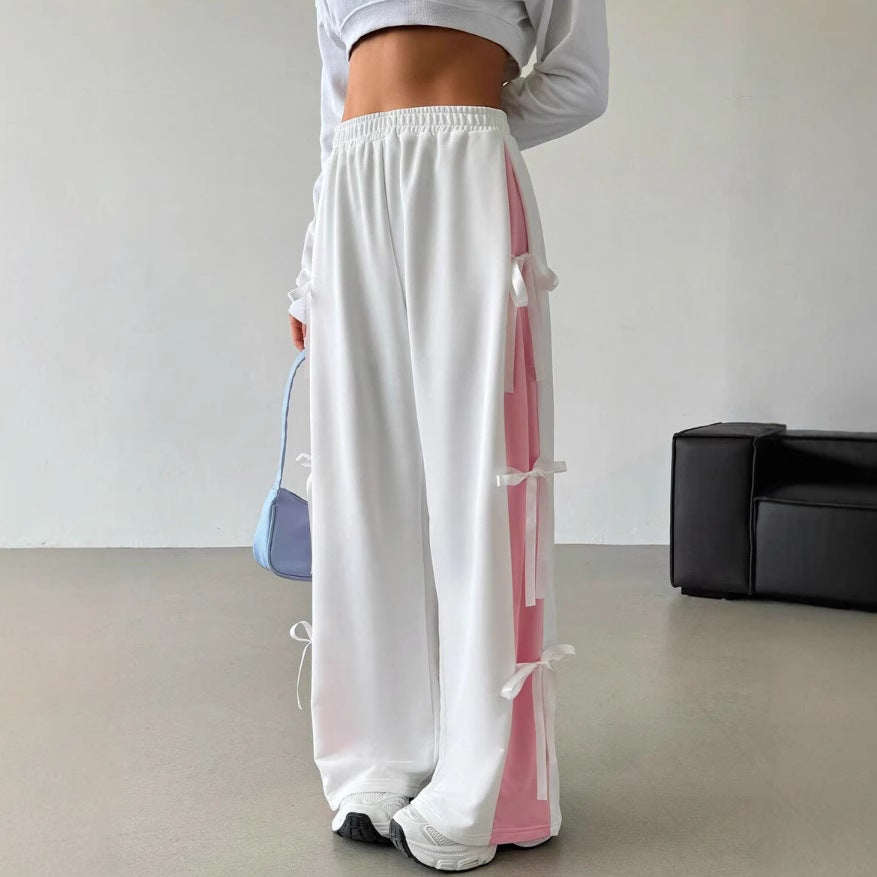 Women's Elastic-Waist Contrasting-Color Straight-Cut Casual Sports Pants