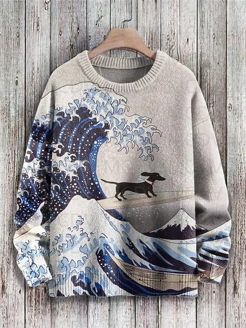 Vintage Japanese-style Painting: Cat Art Casual Printed Chunky-knit Crewneck Hoodie For Men And Women