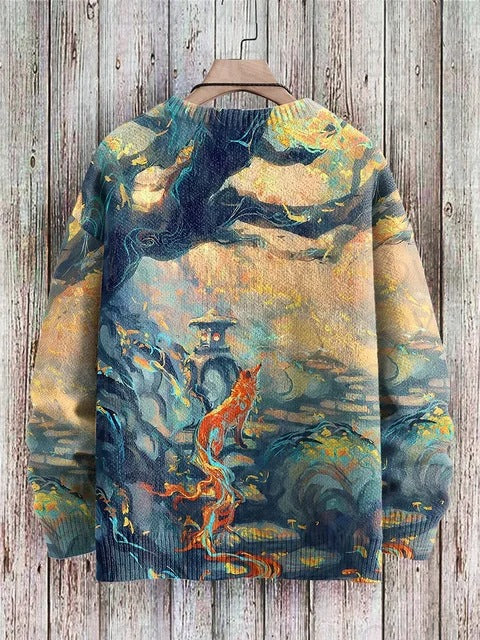Vintage Japanese-style Painting: Cat Art Casual Printed Chunky-knit Crewneck Hoodie For Men And Women