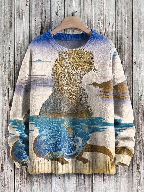 Vintage Japanese-style Painting: Cat Art Casual Printed Chunky-knit Crewneck Hoodie For Men And Women