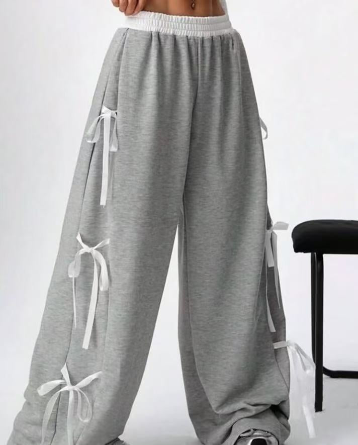 Women's Elastic-Waist Contrasting-Color Straight-Cut Casual Sports Pants