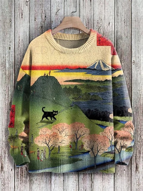 Vintage Japanese-style Painting: Cat Art Casual Printed Chunky-knit Crewneck Hoodie For Men And Women
