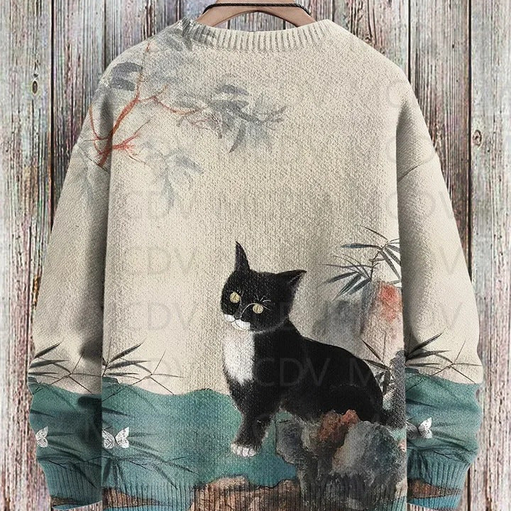 Vintage Japanese-style Painting: Cat Art Casual Printed Chunky-knit Crewneck Hoodie For Men And Women