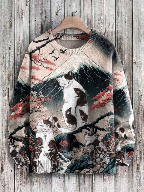 Vintage Japanese-style Painting: Cat Art Casual Printed Chunky-knit Crewneck Hoodie For Men And Women