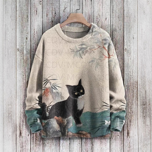 Vintage Japanese-style Painting: Cat Art Casual Printed Chunky-knit Crewneck Hoodie For Men And Women