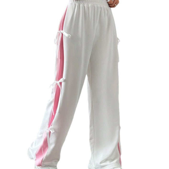 Women's Elastic-Waist Contrasting-Color Straight-Cut Casual Sports Pants