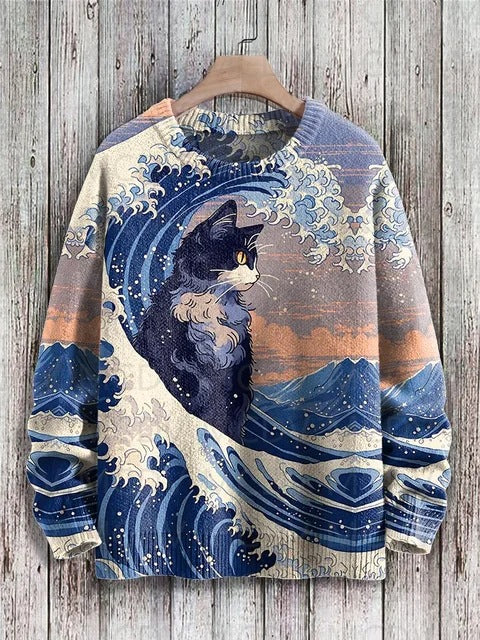Vintage Japanese-style Painting: Cat Art Casual Printed Chunky-knit Crewneck Hoodie For Men And Women