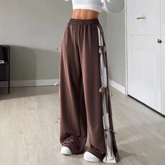 Women's Elastic-Waist Contrasting-Color Straight-Cut Casual Sports Pants