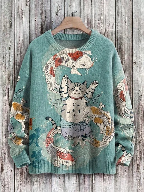 Vintage Japanese-style Painting: Cat Art Casual Printed Chunky-knit Crewneck Hoodie For Men And Women