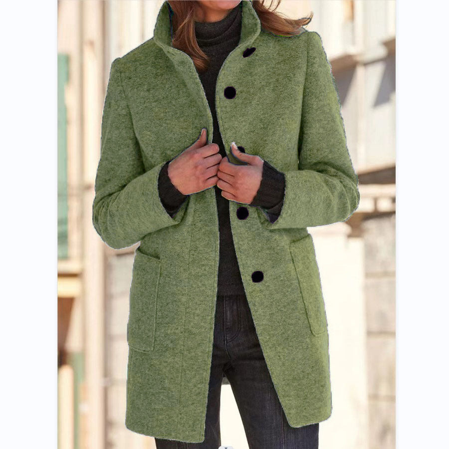New Retro Solid Color Buttoned Turtleneck Wool Coat