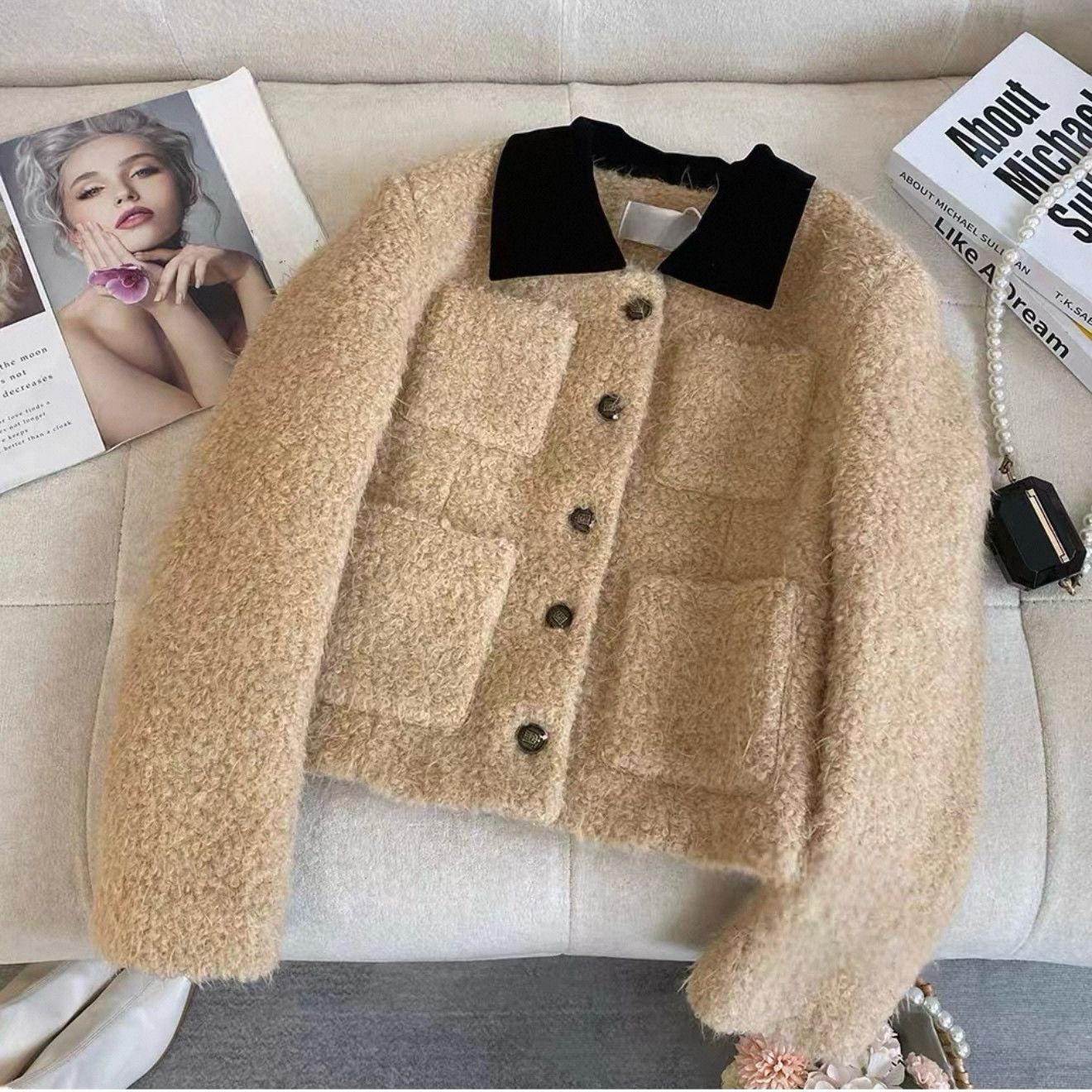 Women's Fashion Short Color-Block Lapel Jacket