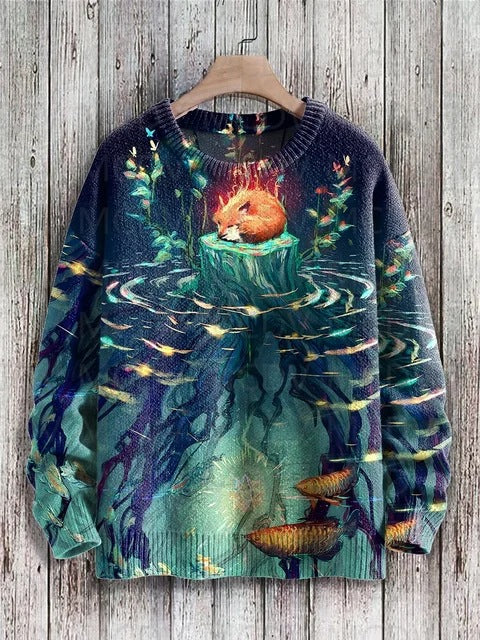 Vintage Japanese-style Painting: Cat Art Casual Printed Chunky-knit Crewneck Hoodie For Men And Women
